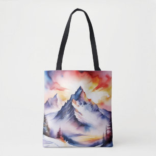 Waterverf van met sneeuw bedekte bergen onder de r tote bag