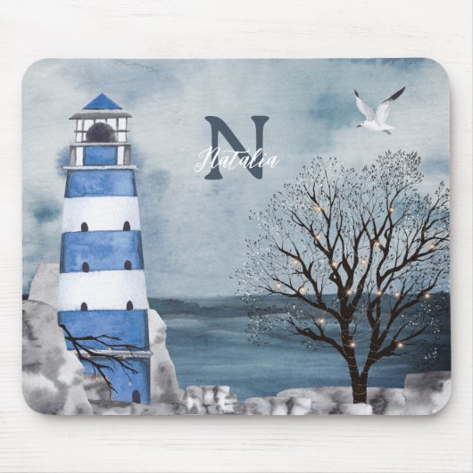 Waterverf van Monogram Blue Lighthouse Muismat (Voorkant)