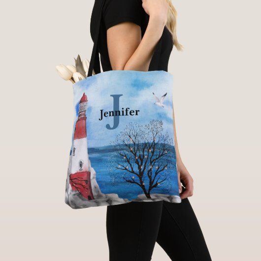 Waterverf van Monogram Rood- en Blauwe Vuurtoren K Tote Bag (Dichtbij)