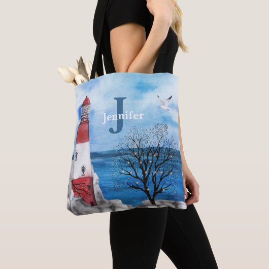 Waterverf van Monogram Rood- en Blauwe Vuurtoren K Tote Bag (Dichtbij)