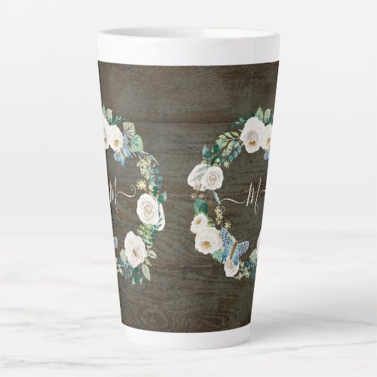 Waterverf van Monogram Rustic Floral Butterfly Latte Mok (Voorkant)