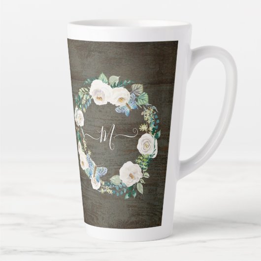 Waterverf van Monogram Rustic Floral Butterfly Latte Mok (Rechts)