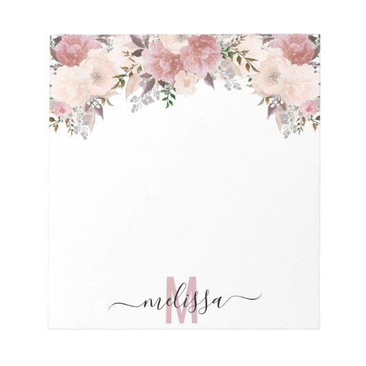 Waterverf van mosterd Roos Floral Monogram Notitieblok (Voorkant)