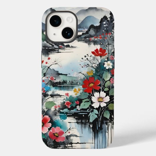 Waterverf van Mountain River en Wildflowers Case-Mate iPhone Case (Achterkant)