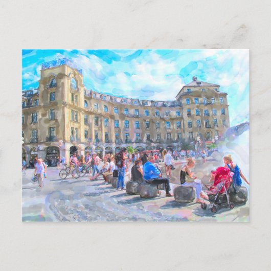 Waterverf van München Stachus. Briefkaart (Voorkant)