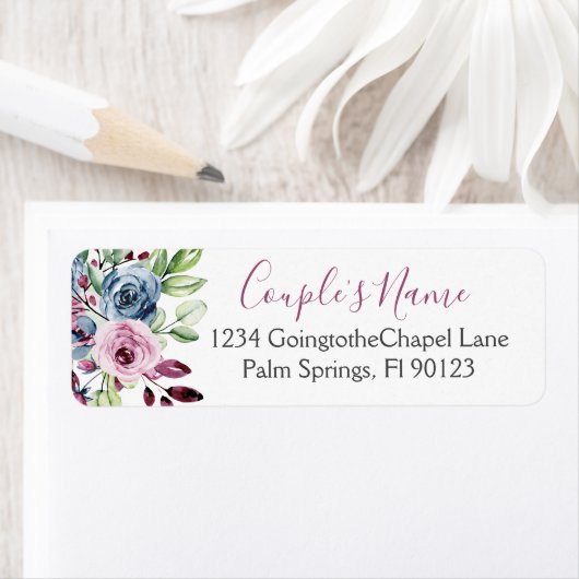Waterverf van Navy Blue Burgundy Floral Wedding Etiket (Insitu)