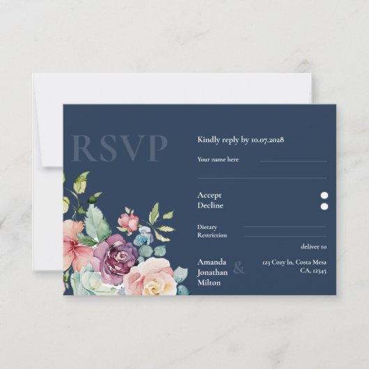 Waterverf van Navy Blue Elegance RSVP Kaartje (Voorkant)