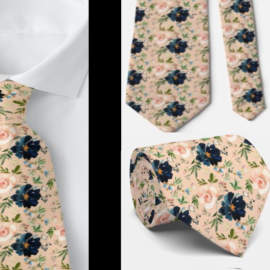 Waterverf van Navy Blue en roze Floral Rozen Neck  Stropdas