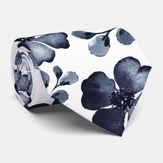 Waterverf van Navy Poppy Dusty Blue Greenery Stropdas (Opgerold)