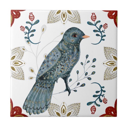 Waterverf van Noordse Blauwe Vlees Folk Art Tegeltje (Voorkant)