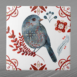 Waterverf van Noordse Blauwe Zongvogel Folk Art Tegeltje
