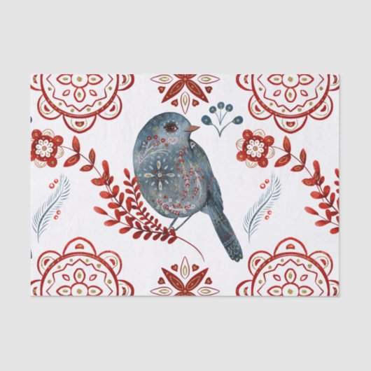 Waterverf van Noordse Blauwe Zongvogel Folk Art Tissuepapier (Voorkant)