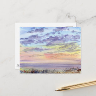 Waterverf van ochtendzee en pastelwolken briefkaart