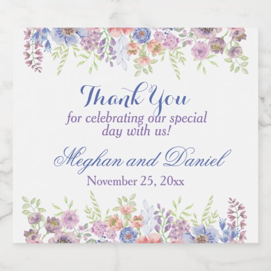 Waterverf van Paarse en blauwe Floral Sparkling Wijnetiket (Enkel label)