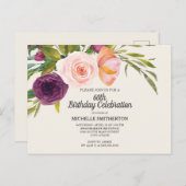 Waterverf van Paarse perzik Floral Ivory 60th Birt Briefkaart (Voorkant / Achterkant)