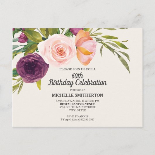 Waterverf van Paarse perzik Floral Ivory 60th Birt Briefkaart (Voorkant)