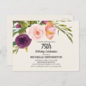 Waterverf van Paarse perziken Floral Ivory 75th Bi Briefkaart (Voorkant / Achterkant)