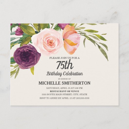 Waterverf van Paarse perziken Floral Ivory 75th Bi Briefkaart (Voorkant)