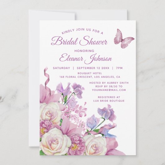 Waterverf van Paarse vlinder Floral Vrijgezellenfe Kaart (Voorkant)