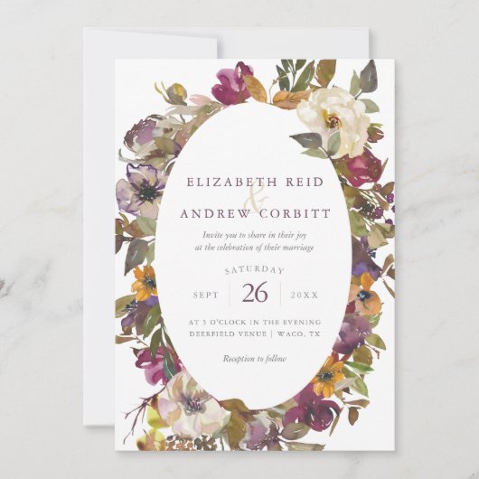 Waterverf van Plum en Mustard Floral Wedding Kaart (Voorkant)