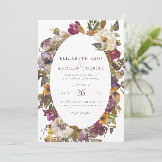 Waterverf van Plum en Mustard Floral Wedding Kaart (Staand voorkant)