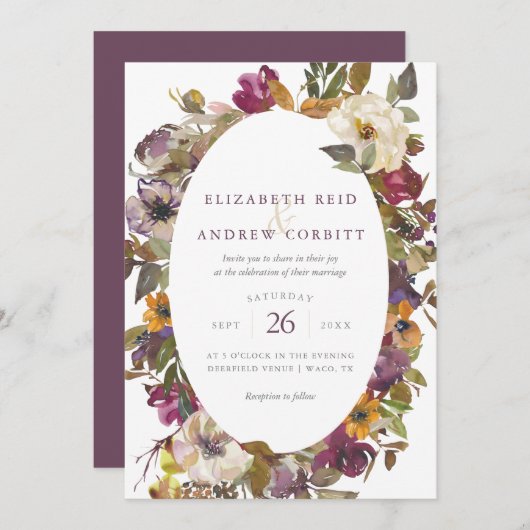 Waterverf van Plum en Mustard Floral Wedding Kaart (Voorkant / Achterkant)