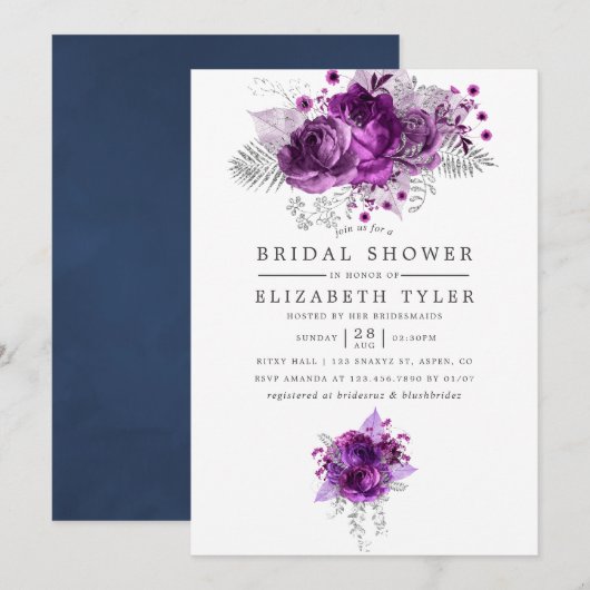 Waterverf van plum en Navy Floral Vrijgezellenfees Kaart (Voorkant / Achterkant)