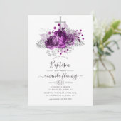 Waterverf van Plum en Silver Floral Baptisme Kaart (Staand voorkant)