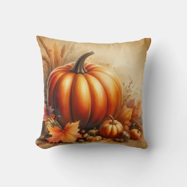  waterverf van pompoenen en herfstbladeren kussen (Voorkant)