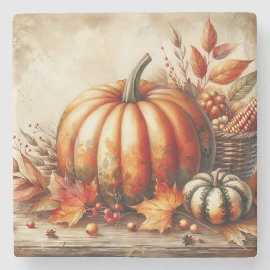 waterverf van pompoenen en herfstbladeren stenen onderzetter (Voorkant)