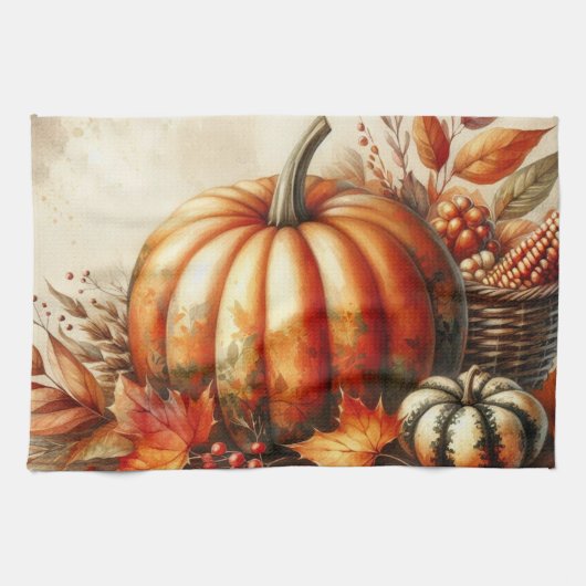  waterverf van pompoenen en herfstbladeren theedoek (Horizontaal)
