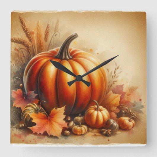 waterverf van pompoenen en herfstbladeren vierkante klok (Voorkant)