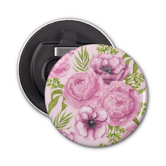 Waterverf van pony en anemonbloemen button flesopener (Voorkant)