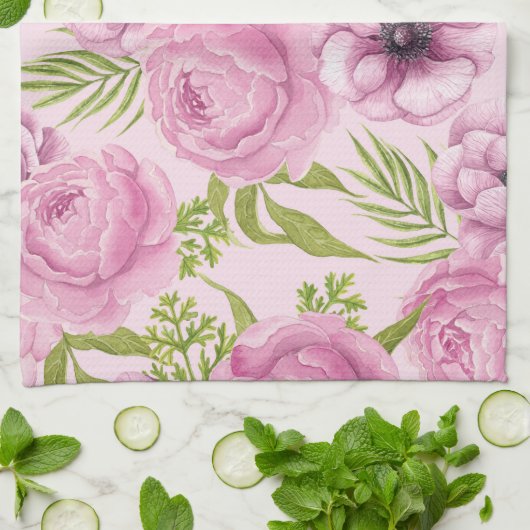 Waterverf van pony en anemonbloemen theedoek (Gevouwen)