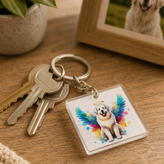 Waterverf van Regenboog Engel Great Pyrenees Hond Sleutelhanger