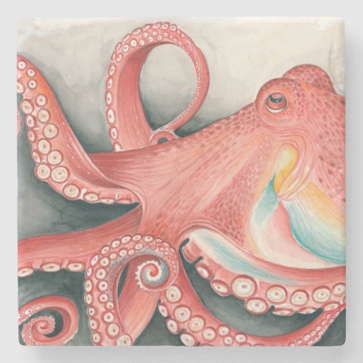 Waterverf van reuzenrode Pacifische Octopus Stenen Onderzetter (Voorkant)