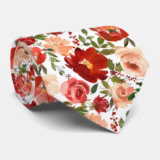 Waterverf van rode crème Floral Rozen Stropdas (Opgerold)