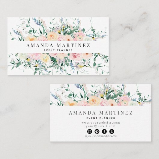 Waterverf van Roos in de wilde bloem Sociale media Visitekaartje (Voorkant / Achterkant)