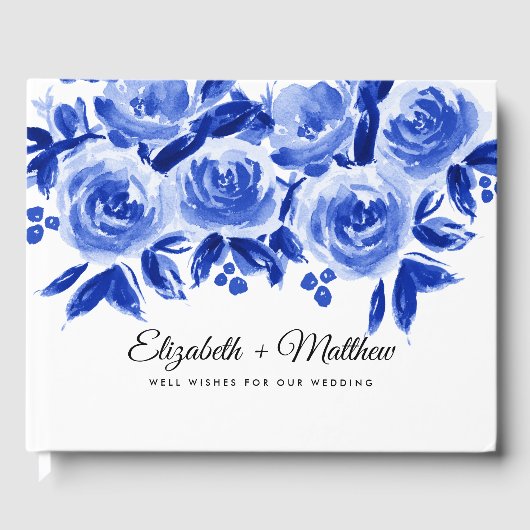 Waterverf van Royal Blue Floral Wedding Gastenboek (Voorkant)