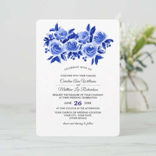 Waterverf van Royal Blue Floral Wedding Kaart (Staand voorkant)