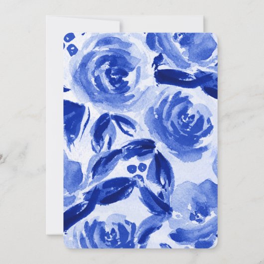 Waterverf van Royal Blue Floral Wedding Kaart (Achterkant)