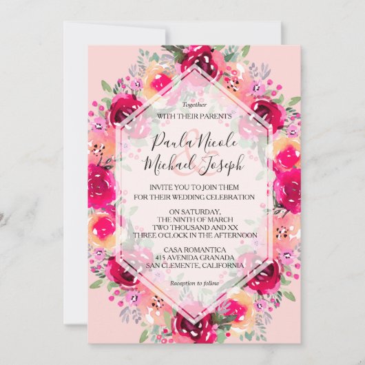 Waterverf van roze crème - Floral Wedding Invitati (Voorkant)