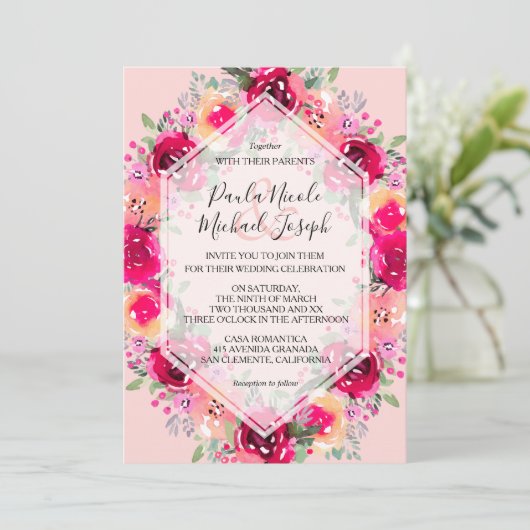 Waterverf van roze crème - Floral Wedding Invitati (Staand voorkant)