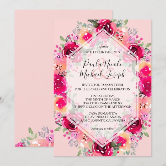 Waterverf van roze crème - Floral Wedding Invitati (Voorkant / Achterkant)
