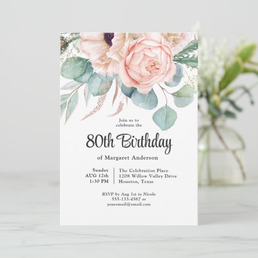 Waterverf van roze en beige Floral 80e verjaardag Kaart (Staand voorkant)