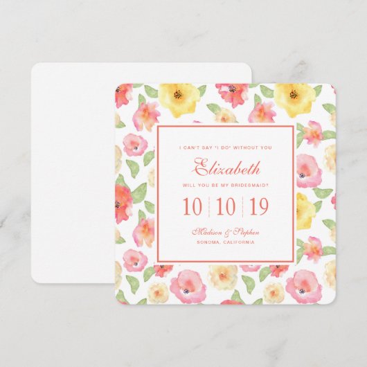Waterverf van roze en geel Floral - Bridesmaid Kaart (Voorkant / Achterkant)