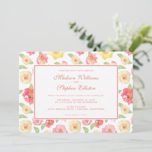 Waterverf van roze en geel hout - bruiloft kaart (Staand voorkant)