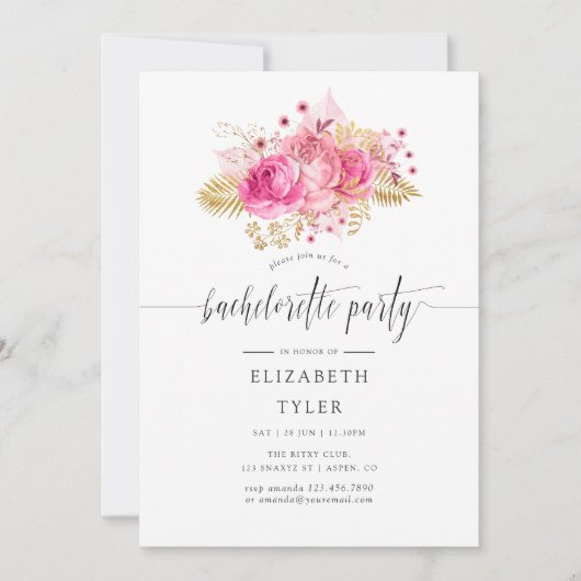 Waterverf van roze en gouden Rozen Bachelorette Kaart (Voorkant)