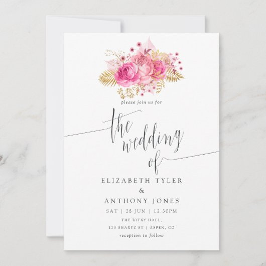 Waterverf van roze en gouden Rozen Kaart (Voorkant)