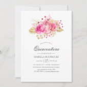Waterverf van roze en gouden Rozen Quinceañera Kaart (Voorkant)